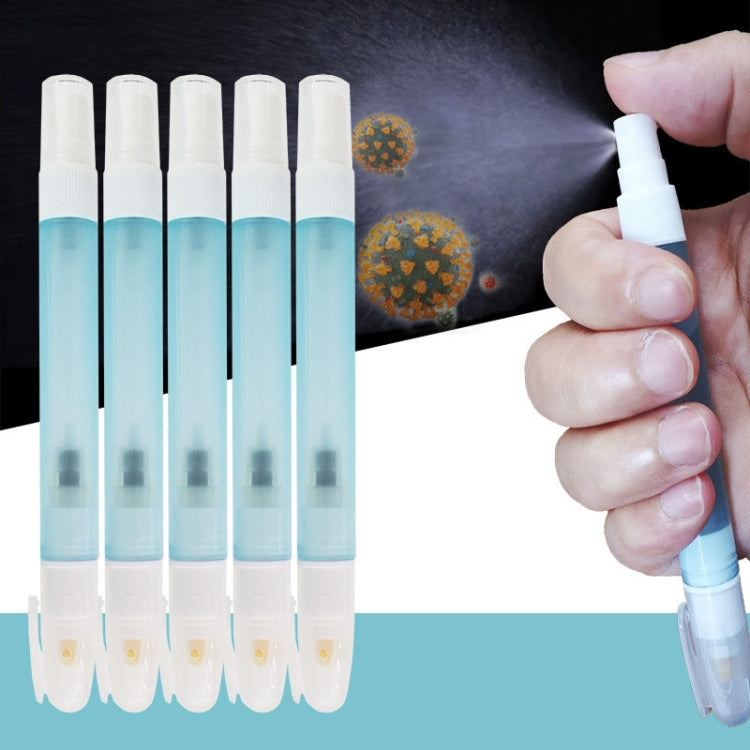 Group of blue alcohol spray touchless pens with white caps, one held by hand
