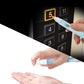 Touchless alcohol spray pen spraying a keypad, blue body with white nozzle