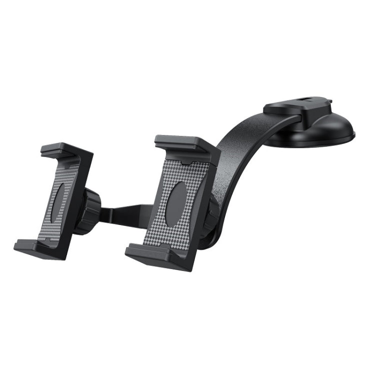 Black double-clip dashboard phone holder with adjustable grips and suction base