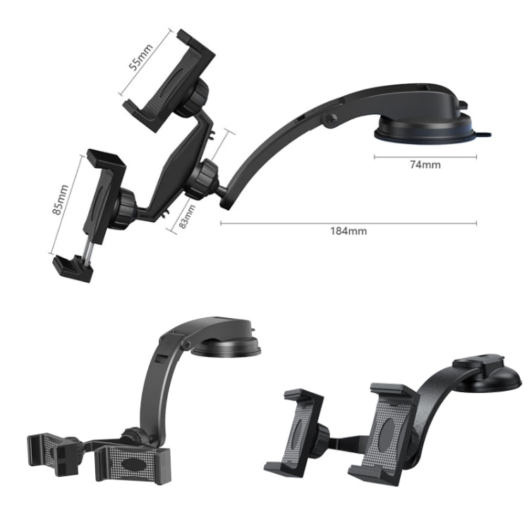 Black suction cup car phone holder with dual clamps and curved mounting arm