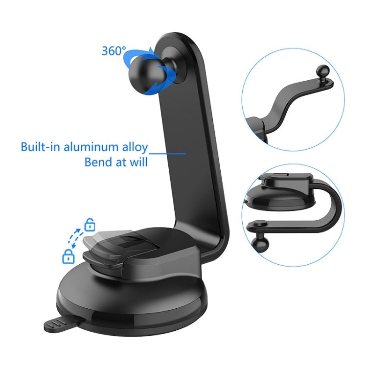 Black suction cup car phone holder with bendable aluminum alloy arm and ball head