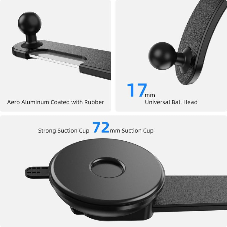 Black dashboard phone holder with rubber-coated aluminum rail and 72mm suction cup