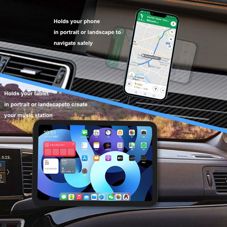 Car dash magnetic holder mounting a smartphone and a tablet