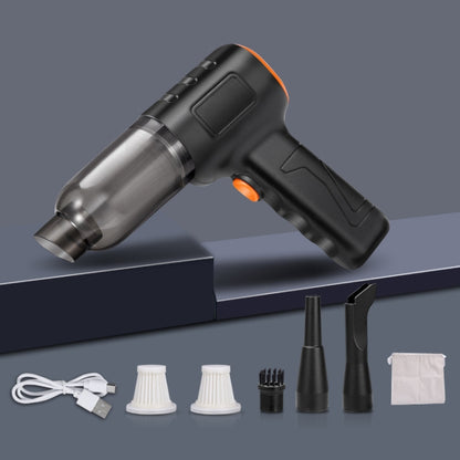 Handheld car vacuum cleaner, black body with orange trigger, clear dust cup and nozzle