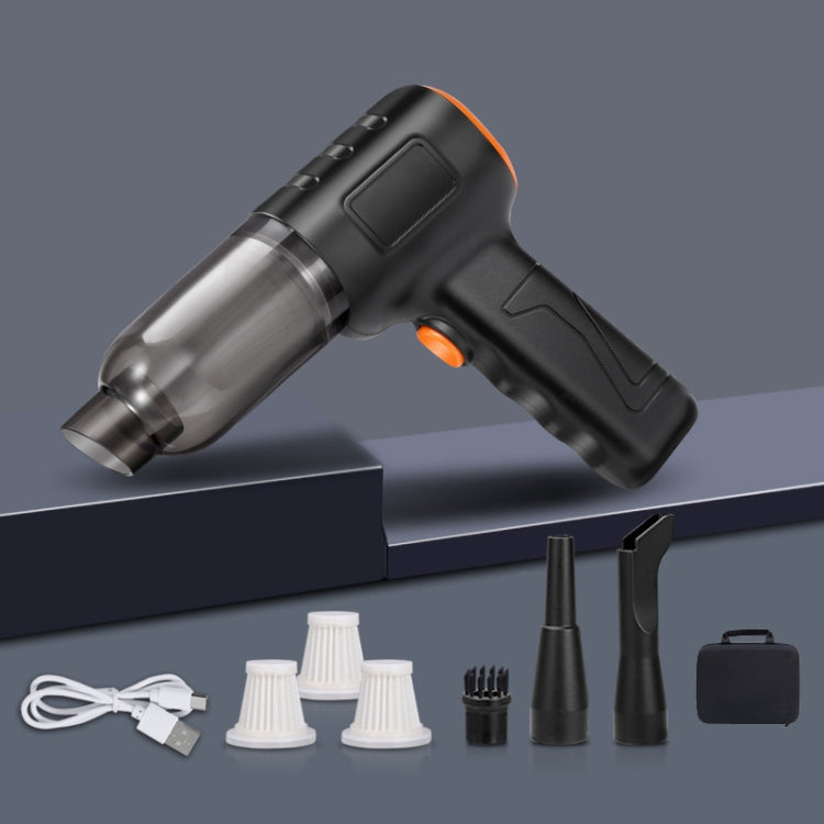 Handheld car vacuum cleaner with accessories, black body and orange trigger, clear dust cup