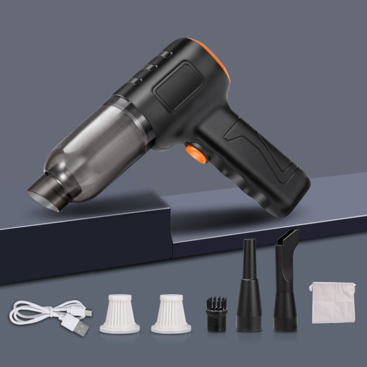 Handheld car vacuum cleaner, black handheld unit with orange trigger and clear dust cup