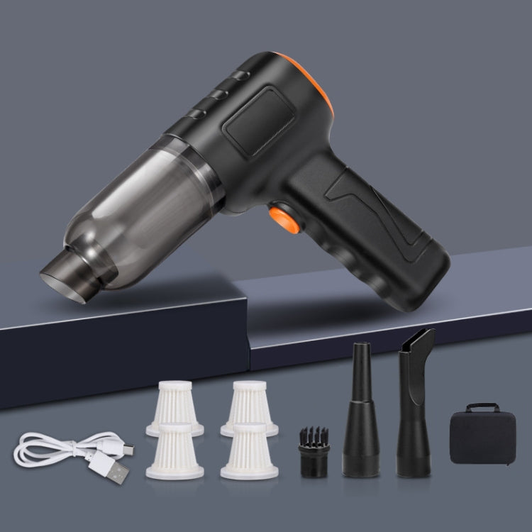 Handheld car vacuum cleaner with attachments, black body, orange trigger, clear dust cup