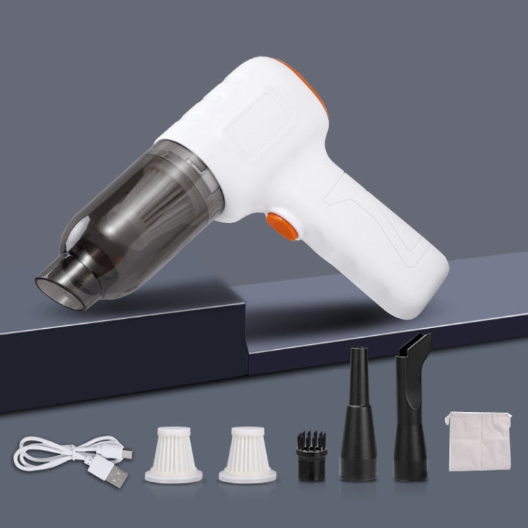 Handheld car vacuum cleaner, white body with orange trigger, clear dust cup and nozzle