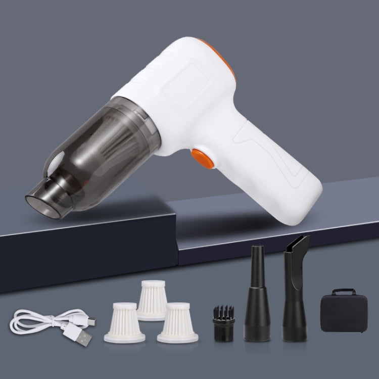Handheld car vacuum cleaner with accessories, white body and orange trigger, clear dust cup
