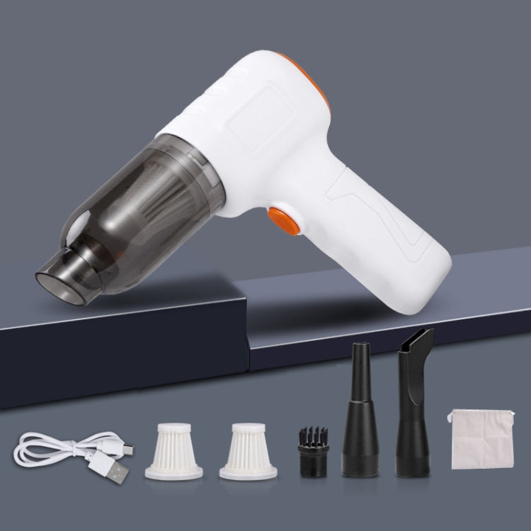Handheld car vacuum cleaner, white handheld unit with orange trigger and clear dust cup