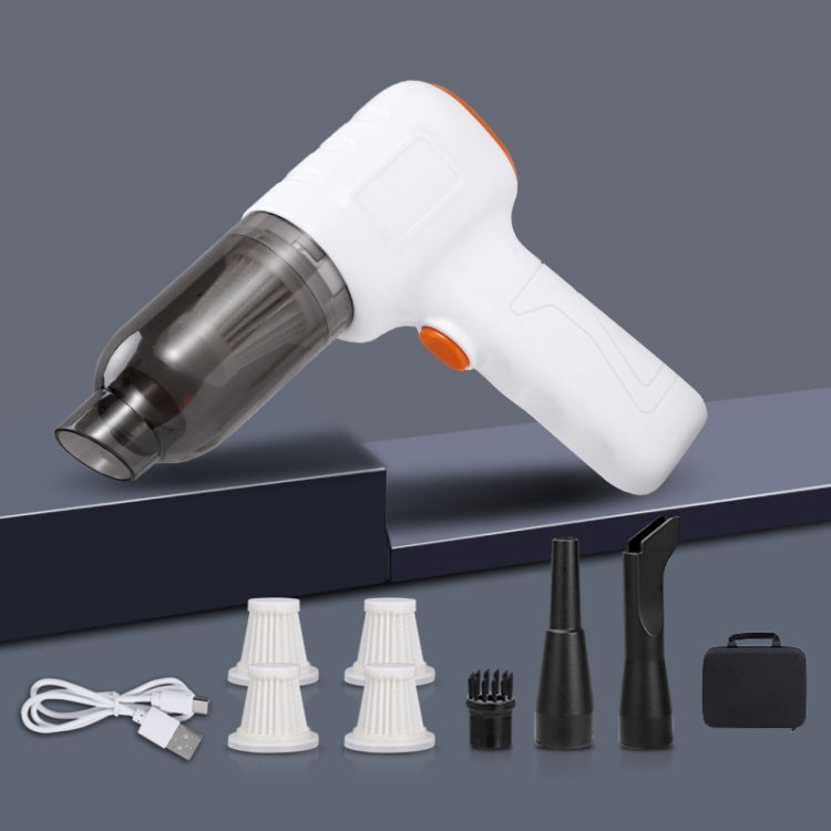 Handheld car vacuum cleaner with attachments, white body, orange trigger, clear dust cup