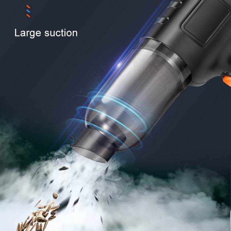 Cordless car vacuum cleaner with strong suction, lifting debris with visible airflow