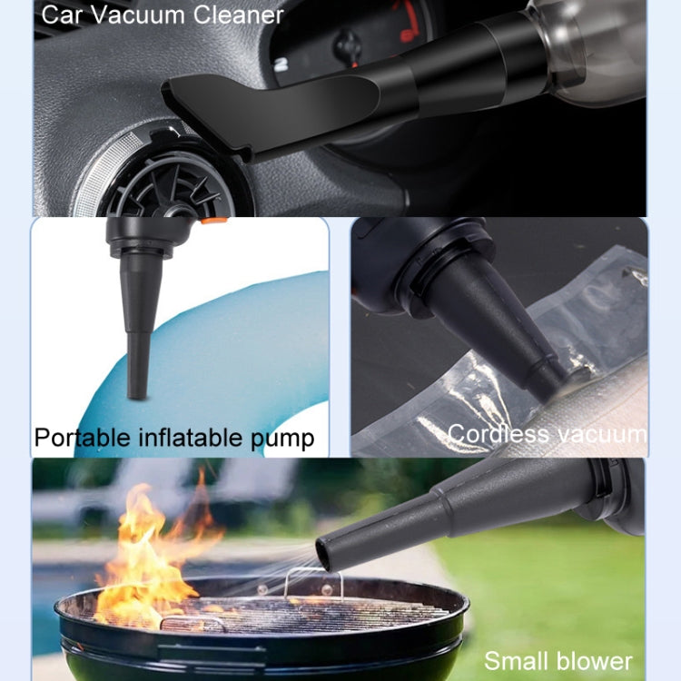 Car vacuum cleaner kit with inflatable pump and blower nozzles, shown for multiple uses