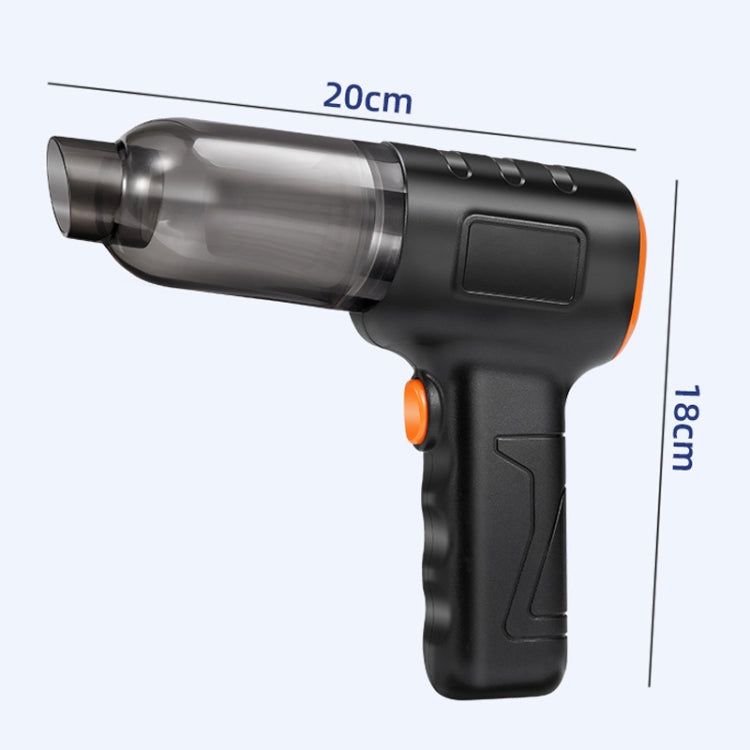 Handheld car vacuum cleaner with size guide, black body and orange accents, 20cm x 18cm