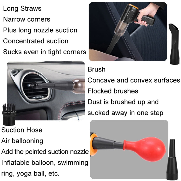 Car vacuum attachments set: long nozzle, corner brush, and inflatable balloon nozzle
