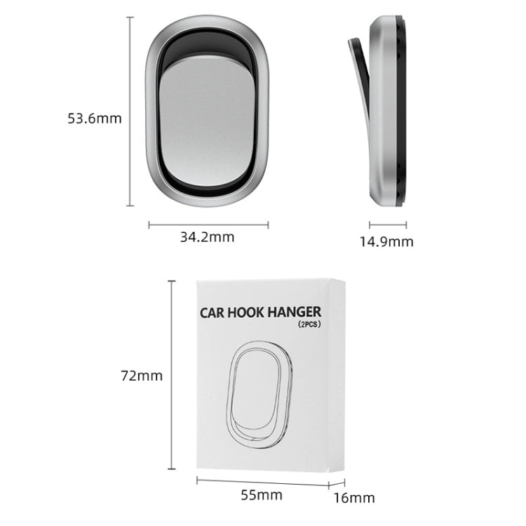 Silver oval car hook hanger with black edge; front, side, and size diagram