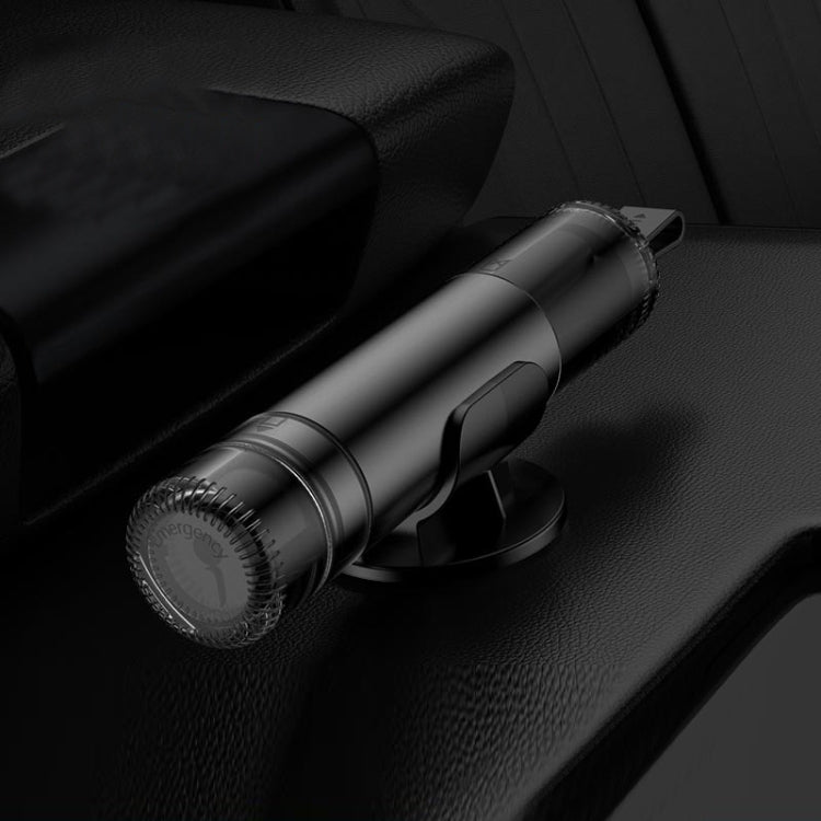 Car emergency escape hammer with dark cylindrical body and side grip handle.