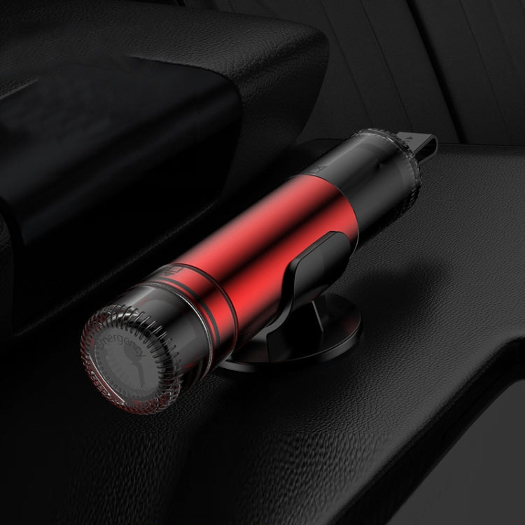 Car emergency escape hammer with red center band, dark handle, and round impact head.