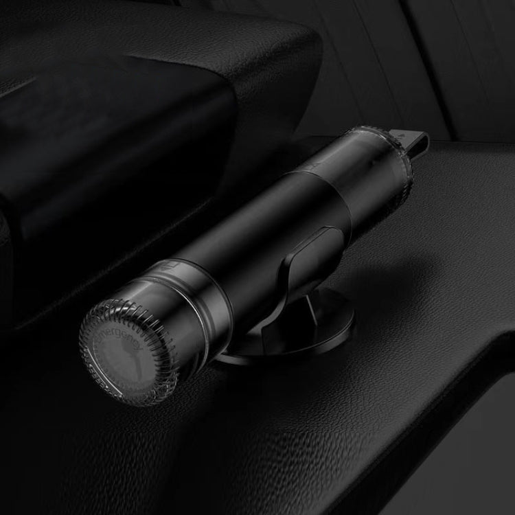 Car emergency escape hammer with dark cylindrical body and angled side grip.