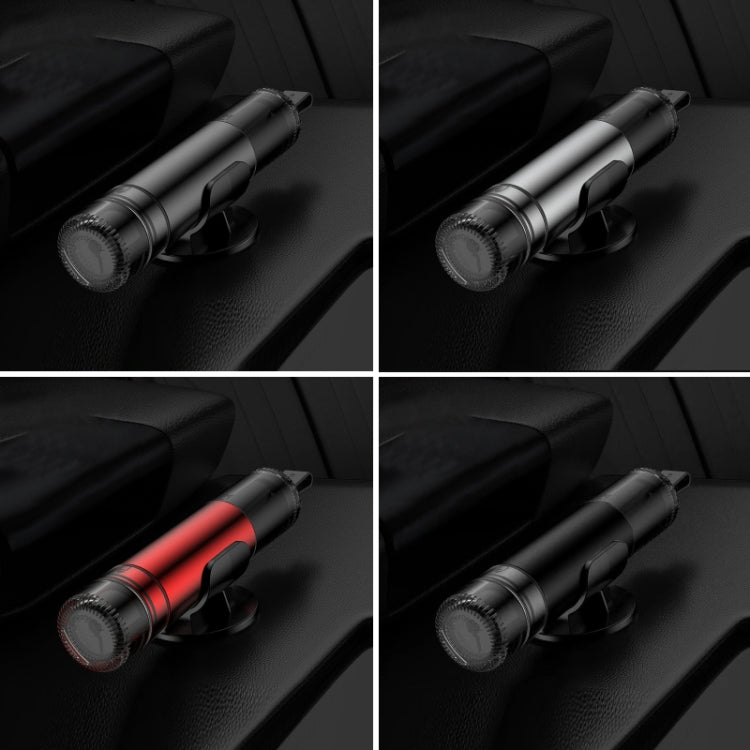 Car emergency escape hammer with impact head and side handle, shown from different angles.