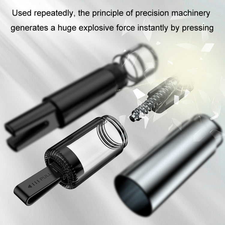 Car emergency escape hammer with spring mechanism view, showing impact head and handle.