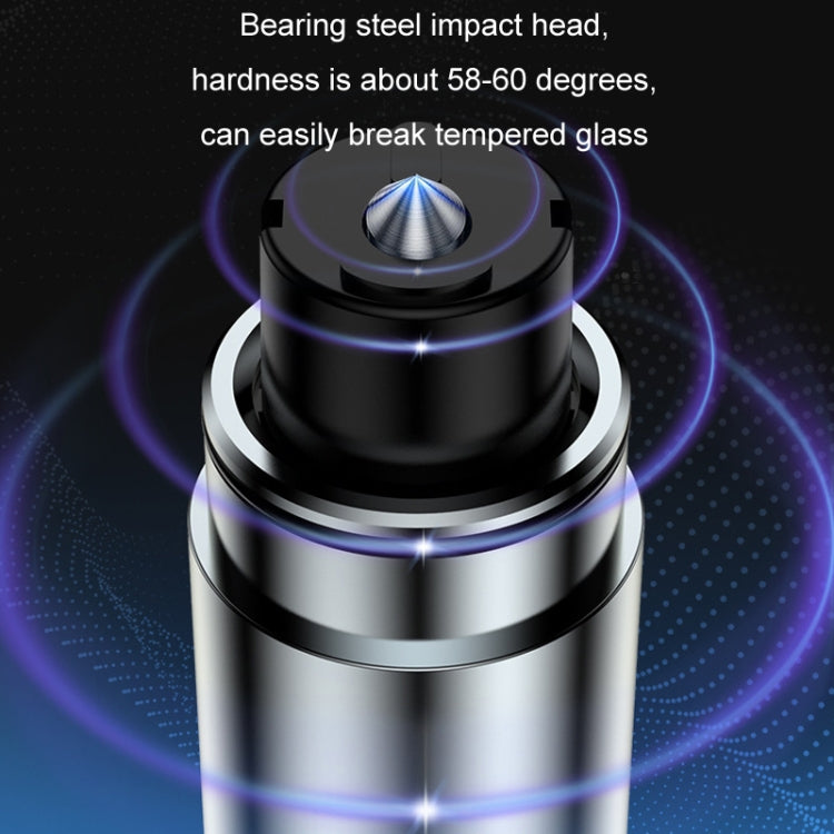 Car emergency escape hammer with steel impact head, spring-activated top mechanism.