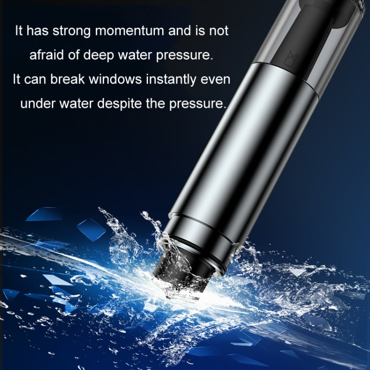 Car emergency escape hammer partially submerged, showing tool body and impact head.