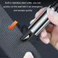 Car emergency escape hammer with built-in belt cutter cutting car seat fabric.