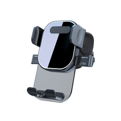 Car air vent phone holder bracket with open phone cradle, light gray body, black clips