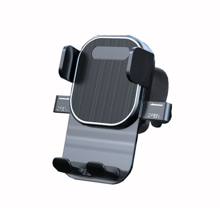 Car air vent phone holder bracket with textured light gray plate, open cradle, black vent clips