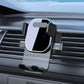 Car air vent phone holder bracket mounted on vents, gray cradle with black contact pads
