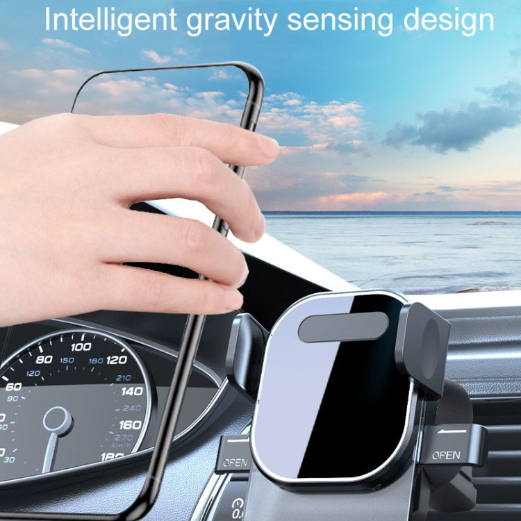 Car air vent phone holder bracket with attached smartphone, light gray cradle and black clamp