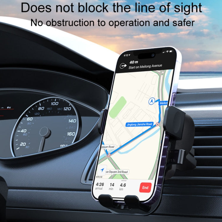 Car air vent phone holder bracket holding smartphone screen, black side clamp and cradle