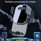 Car air vent phone holder bracket with black vent clamps and open cradle, light gray body