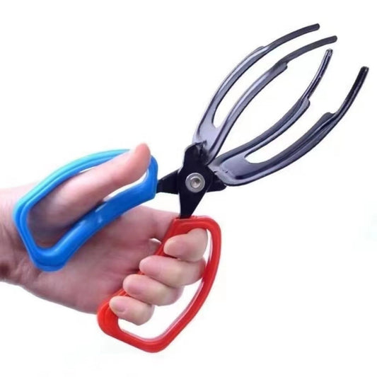 Fish catching pliers with blue and red handles and black multi-prong gripping jaws