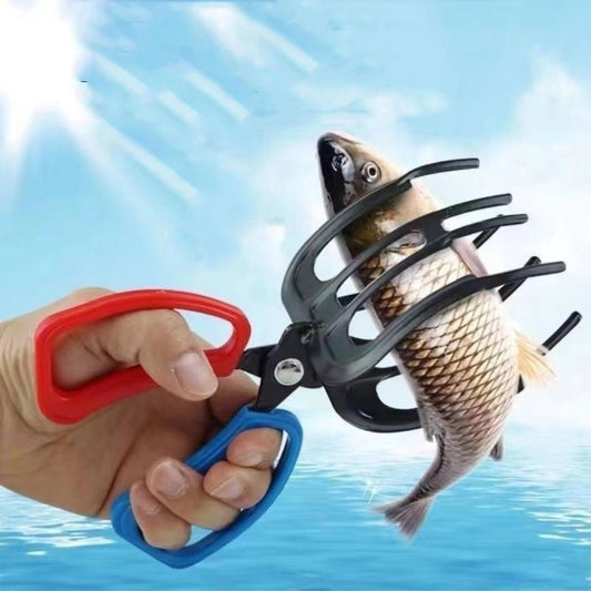 Fish catching pliers gripping a fish with black multi-prong head and blue/red handles