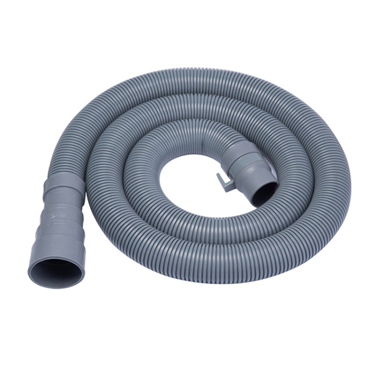Gray-blue coiled corrugated drain hose with ribbed tubing and molded connector sleeve