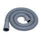 Gray-blue ribbed washing machine drain hose coil with connector collar on one end