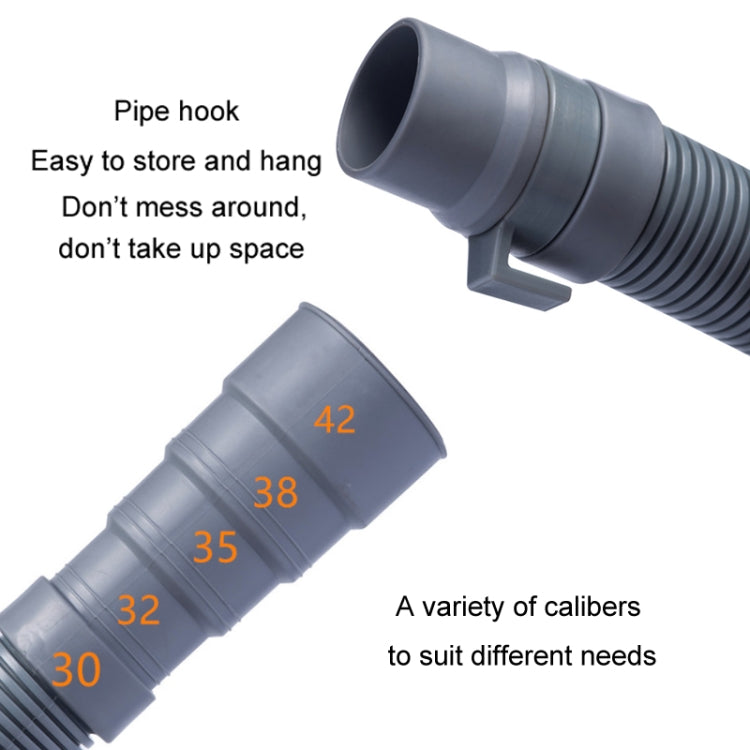 Gray-blue drain hose with pipe hook bracket and molded outlet connector end