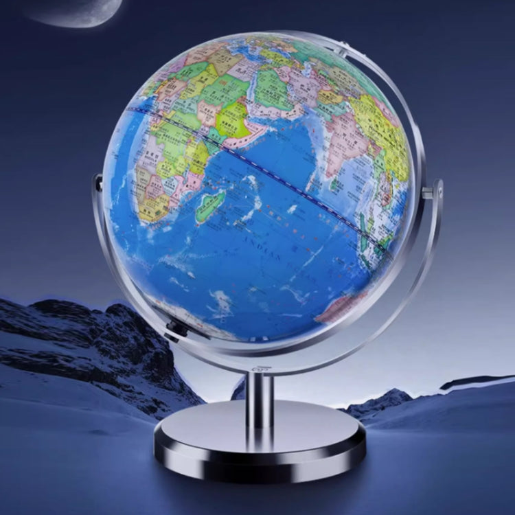 3D world globe on chrome base stand with detailed blue ocean and colorful continents