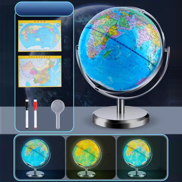 Illuminated 3D world globe on round metal base with inset control panel and map views