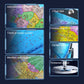 Educational globe with callout panels showing ocean current, meridian lines, and rotation