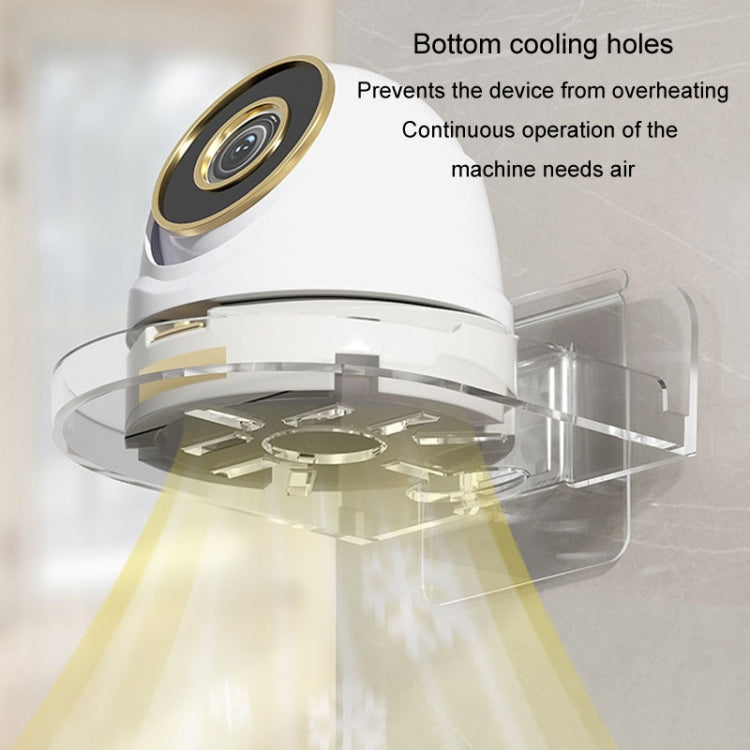 Transparent wall-mounted camera bracket showing bottom cooling holes beneath the camera