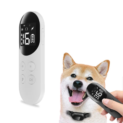 Pet dog anti-barking remote controller with display and handheld buttons, shown with collar