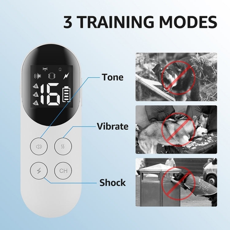 Anti-barking remote controller showing tone, vibrate, and shock mode controls