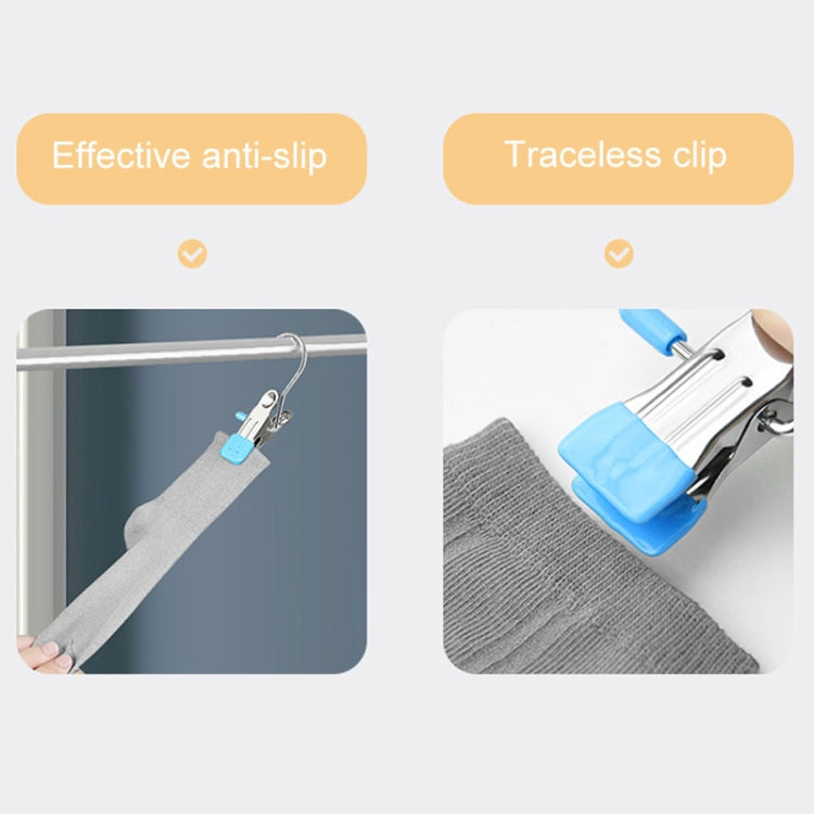 Stainless steel anti-slip laundry clips with hook, blue and beige tab accents