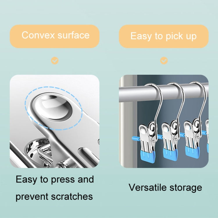 Stainless steel laundry drying clips with hook, blue tab grips and rounded surface