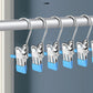 Multiple stainless steel laundry drying clips on a bar, blue anti-scratch tabs