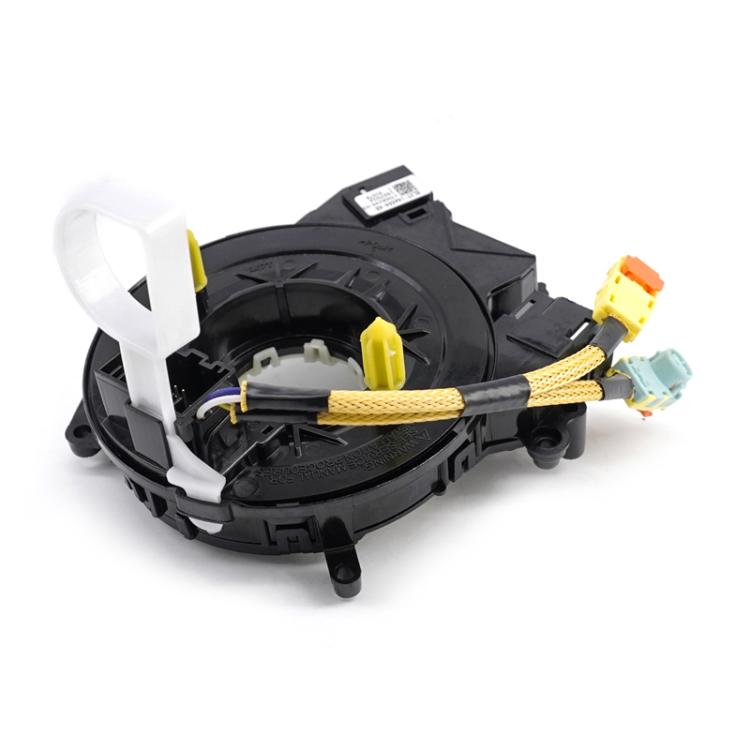 Clock spring coil assembly with side clips, wiring harness, and yellow connector