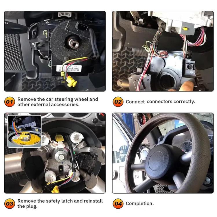 Installation steps showing steering clock spring access and wiring connection